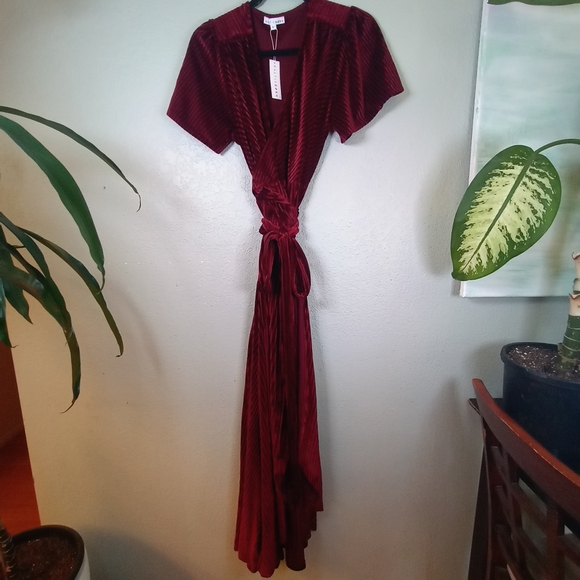 Baltic Born Burgundy Andi Velvet Ribbed Puffed Sleeve Deep V Neck Wrap Maxi - Picture 3 of 10